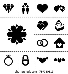 Romance icons. set of 13 editable filled romance icons such as heart with wings, hearts, women couple, devil heart with wings, i love you, ring in box, love home, flower