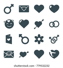 Romance icons. set of 16 editable filled romance icons such as heart, flower, emot in love, engagement ring, heart with arrow, love letter, broken heart, male, woman