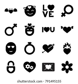 Romance icons. set of 16 editable filled romance icons such as flower, female, heart with arrow, emot in love, heart with wings, ring, love word