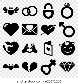 Romance icons set. set of 16 romance filled icons such as heart, heart with arrow, emot in love, love letter, woman, female, love card, gem, ring
