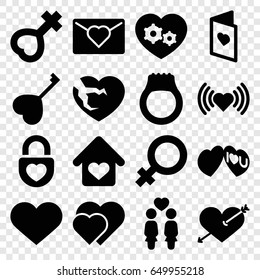 Romance icons set. set of 16 romance filled icons such as female, heart, heart with arrow, women couple, gear heart, i love you, love card