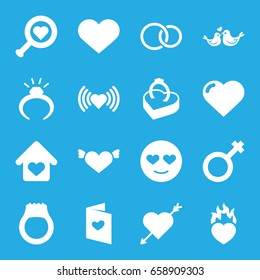 Romance icons set. set of 16 romance filled icons such as heart, ring, emot in love, heart with wings, lovebirds, love letter, male, rings, ring in box