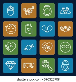 romance icons set. Set of 16 romance outline icons such as Diamond, gear heart, heart search, love letter, male and female, I love you, emot in love