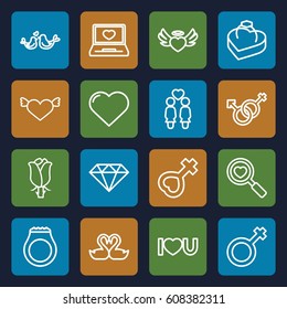 Romance icons set. set of 16 romance outline icons such as heart, rose, women couple, laptop with heart, lovebirds, male, male and female, I love you, female, ring in box, gem
