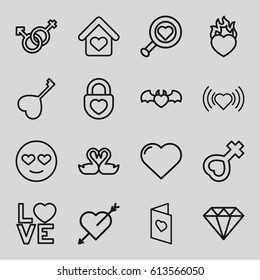Romance icons set. set of 16 romance outline icons such as heart, Diamond, swan heart, love word, male and female, female