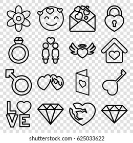 Romance icons set. set of 16 romance outline icons such as flower, Diamond, women couple, heart angel wings, love word, love letter, broken heart, woman, gem