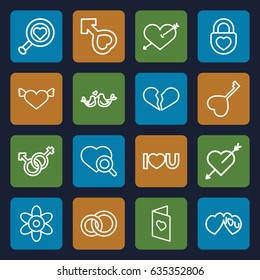 Romance icons set. set of 16 romance outline icons such as flower, heart search, lovebirds, male and female, heart key, i love you, male, love card