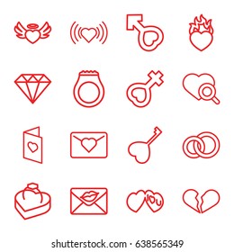 Romance icons set. set of 16 romance outline icons such as heart, diamond, heart search, love letter, i love you, female, male, ring in box, love card, ring