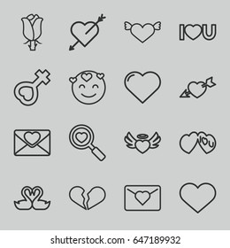 Romance icons set. set of 16 romance outline icons such as heart, rose, swan heart, love letter 