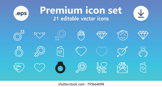 Romance icons. set of 21 editable outline romance icons includes heart, female, ring, diamond, emot in love, heart with wings, love word, male