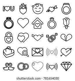 Romance icons. set of 25 editable outline romance icons such as heart, diamond, heart with arrow, emot in love, broken heart, rose, love letter, male and female, rings