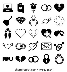 Romance icons. set of 25 editable filled and outline romance icons such as broken heart, engagement ring, women couple, laptop with heart, love letter, male and female