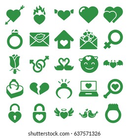 Romance icons set. set of 25 romance filled icons such as heart, female, ring, emot in love, broken heart, heart with wings, rose, love letter, lovebirds, male and female