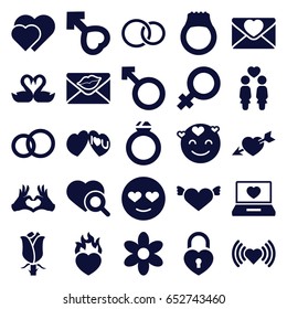 Romance icons set. set of 25 romance filled icons such as flower, female, heart, emot in love, heart with wings, rose, heart search, women couple, love letter, woman