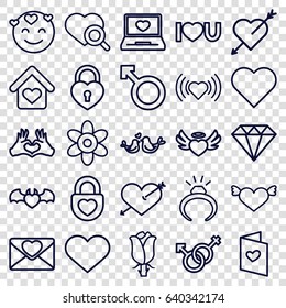 Romance icons set. set of 25 romance outline icons such as flower, ring, heart, diamond, rose, heart search, love letter, lovebirds, woman, male and female