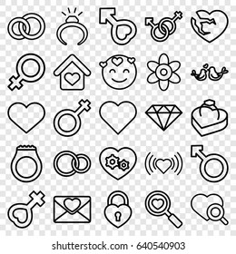 Romance icons set. set of 25 romance outline icons such as flower, female, ring, heart, heart search, love letter, lovebirds, male, woman, male and female, rings, ring in box