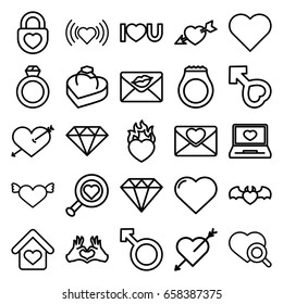 Romance icons set. set of 25 romance outline icons such as heart, diamond, heart search, love letter, woman, i love you, male, ring in box, love home, gem