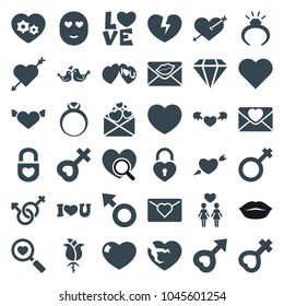 Romance icons. set of 36 editable filled romance icons such as ring, heart, heart with arrow, love letter, lovebirds, male, male and female, i love you, female, diamond, rose