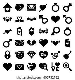 Romance icons set. set of 36 romance filled icons such as heart, female, Diamond, emot in love, broken heart, heart with wings, love letter, male, woman, male and female