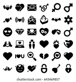 Romance icons set. set of 36 romance filled icons such as heart, flower, female, heart with arrow, emot in love, broken heart, women couple, love letter, lovebirds, male