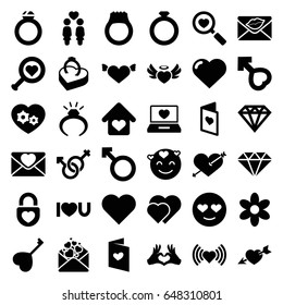 Romance icons set. set of 36 romance filled icons such as heart, flower, ring, diamond, heart with arrow, emot in love, heart with wings, women couple, love letter, woman