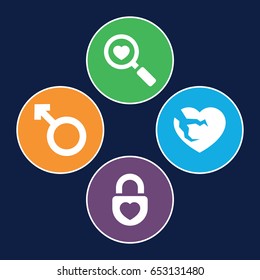 Romance icons set. set of 4 romance filled icons such as heart search, broken heart, woman