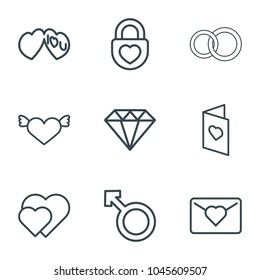 Romance icons. set of 9 editable outline romance icons such as diamond, heart with wings, hearts, love letter, woman, heart lock, i love you, love card