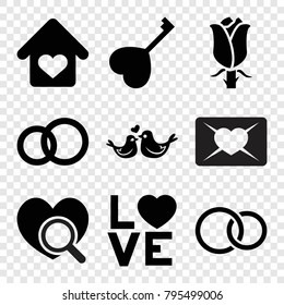 Romance icons. set of 9 editable filled romance icons such as engagement ring, rose, love word, lovebirds, heart key, rings, love home, love letter