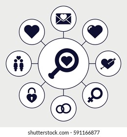 romance icons set. Set of 9 romance filled icons such as heart, female, heart with arrow, women couple, love letter