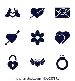 Romance icons set. set of 9 romance filled icons such as flower, heart with arrow, heart angel wings, love letter, heart lock