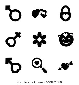 Romance icons set. set of 9 romance filled icons such as flower, emot in love, heart search, woman, heart lock, heart with arrow, i love you, female