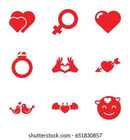 Romance icons set. set of 9 romance filled icons such as heart, female, emot in love, devil heart with wings, lovebirds, heart with arrow