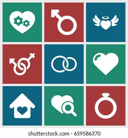 Romance icons set. set of 9 romance filled icons such as heart, heart search, woman, male and female, rings, love home