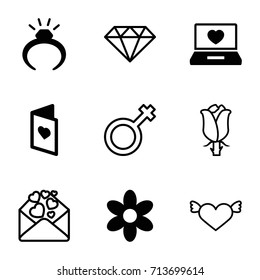 Romance icons set. set of 9 romance filled and outline icons such as flower, ring, laptop with heart, love card, rose, love letter, male, heart with wings