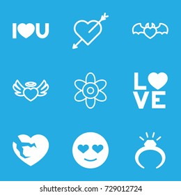 Romance icons set. set of 9 romance filled and outline icons such as ring, emot in love, love word, broken heart, i love you, flower