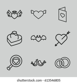 Romance icons set. set of 9 romance outline icons such as heart angel wings, devil heart with wings, lovebirds, ring in box, love card
