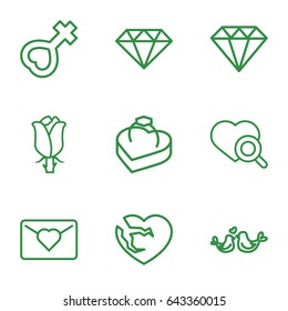 Romance icons set. set of 9 romance outline icons such as diamond, rose, heart search, broken heart, lovebirds, female, ring in box, gem