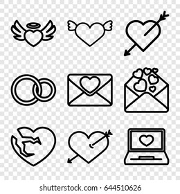 Romance icons set. set of 9 romance outline icons such as laptop with heart, heart angel wings, love letter