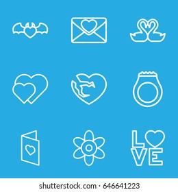 Romance icons set. set of 9 romance outline icons such as flower, swan heart, devil heart with wings, love letter, love word, broken heart, love card, ring