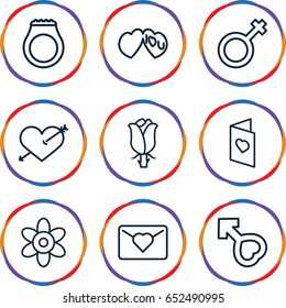 Romance icons set. set of 9 romance outline icons such as flower, rose, male, i love you, love card, heart with arrow, ring