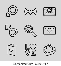 Romance icons set. set of 9 romance outline icons such as female, heart, heart search, love word, love letter, male