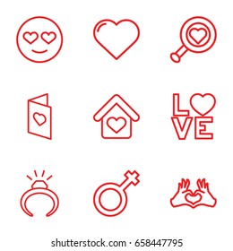 Romance icons set. set of 9 romance outline icons such as heart, ring, love word, male, heart tag, love card