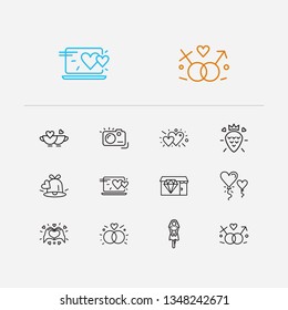 Romance icons set. Bell and romance icons with spread love, gender sign and girlfriend. Set of person for web app logo UI design.