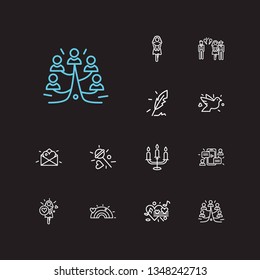 Romance icons set. Candelabrum and romance icons with dove, feather and lollipop. Set of musical for web app logo UI design.