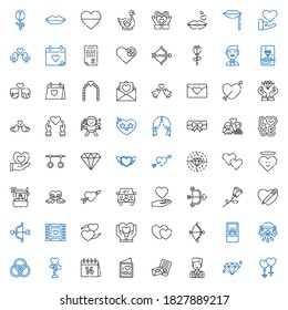 romance icons set. Collection of romance with couple, diamond, groom, love letter, valentines day, love, rings, wedding car, engagement ring. Editable and scalable romance icons.