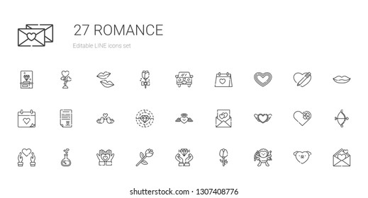 romance icons set. Collection of romance with cupid, rose, diamond, heart, love potion, love letter, love birds, wedding contract, wedding day. Editable and scalable romance icons.