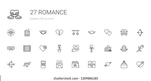 romance icons set. Collection of romance with cupid, wedding ring, valentines day, love letter, engagement ring, diamond, newlyweds, love. Editable and scalable romance icons.