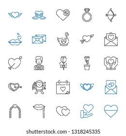 romance icons set. Collection of romance with heart, love, hearts, lips, wedding arch, love letter, wedding day, cupid, rose, groom, swan. Editable and scalable romance icons.