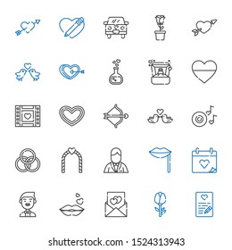 romance icons set. Collection of romance with love letter, rose, kiss, groom, wedding day, lips, wedding arch, rings, romantic music, love birds. Editable and scalable romance icons.