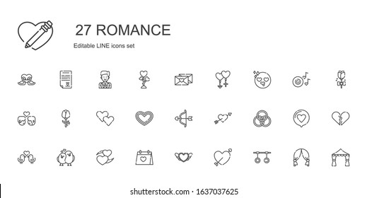 romance icons set. Collection of romance with rings, cupid, heart, wedding day, love birds, rose, couple, in love, love letter, wedding arch. Editable and scalable romance icons.